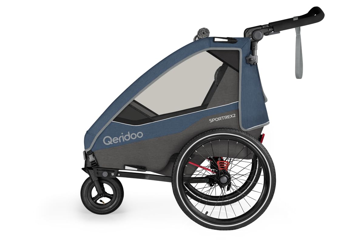 Qeridoo Sportrex Jeans Blue | Fahrradanhänger | Sicher & flexibel | Besonders gut als Trailer | Federung & 3-in-1-Verdeck | Fahrradanhänger Kinder | Fahrrad Anhänger | Kinderfahrradanhänger