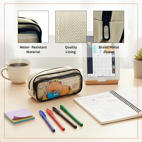 Image of Alokik Enterprise Cute Cartoon Pencil Pouch with Double Zipper & Transparent Window, Large Capacity Fabric Pen Case for School, Office, Students, Kids & Teens (Good Study Off White Pouch)