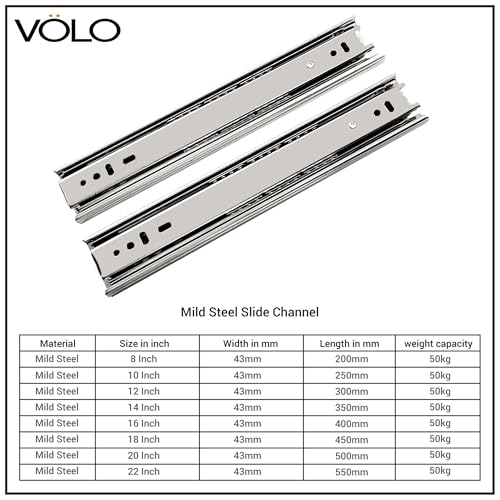 Image of Volo Heavy Duty Drawer Slides, Full Extension Ball Bearing Runners | Pack of 2 Piece | Channels for Kitchen Cabinets, Wardrobes, and Dressers (Mild Steel, 8 Inch)