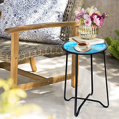 Liffy Outdoor Side Tables For Patio-Small Mosaic Patio Table, Jellyfish 14” Accent Round Side Table Glass Plant Stand For Garden Patio Living Room,Small Pool Patio Outdoor Side Table #TOP6