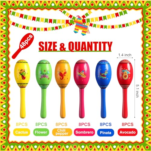 Jenaai 48 Pcs Mini Wooden Fiesta Maracas 6 Designs Noisemaker for Mexican Fiesta, Cinco De Mayo, Musical Fun, Birthday Parties, Luau Party, Carnivals, Taco Tuesday Event by Jenaai - Image 2