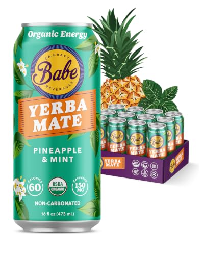 Babe Organic Yerba Mate Energy Drinks | 150mg Plant-Based Caffeine | Natural Yerba Mate Tea with No Crash, No Jitters - Pineapple Mint (12 x 16oz Cans)