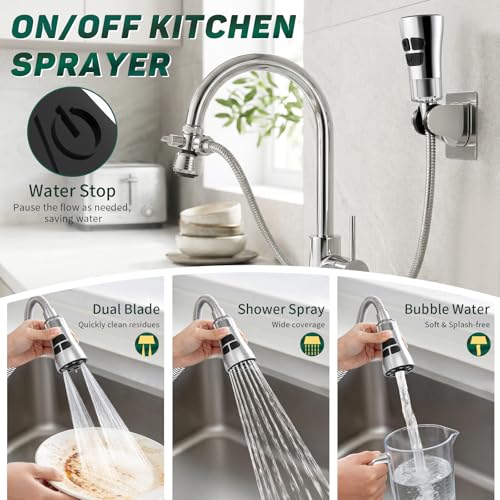 Image of CECEFIN Kitchen Faucet Hose Attachment, 4-Mode ON /Off Sink Sprayer Head with Filter, 4.9Ft Stainless Steel Hose, Water Saving Aerator w / 3-Way Diverter Valve for Hair Washing Laundry Room & Pet Shower