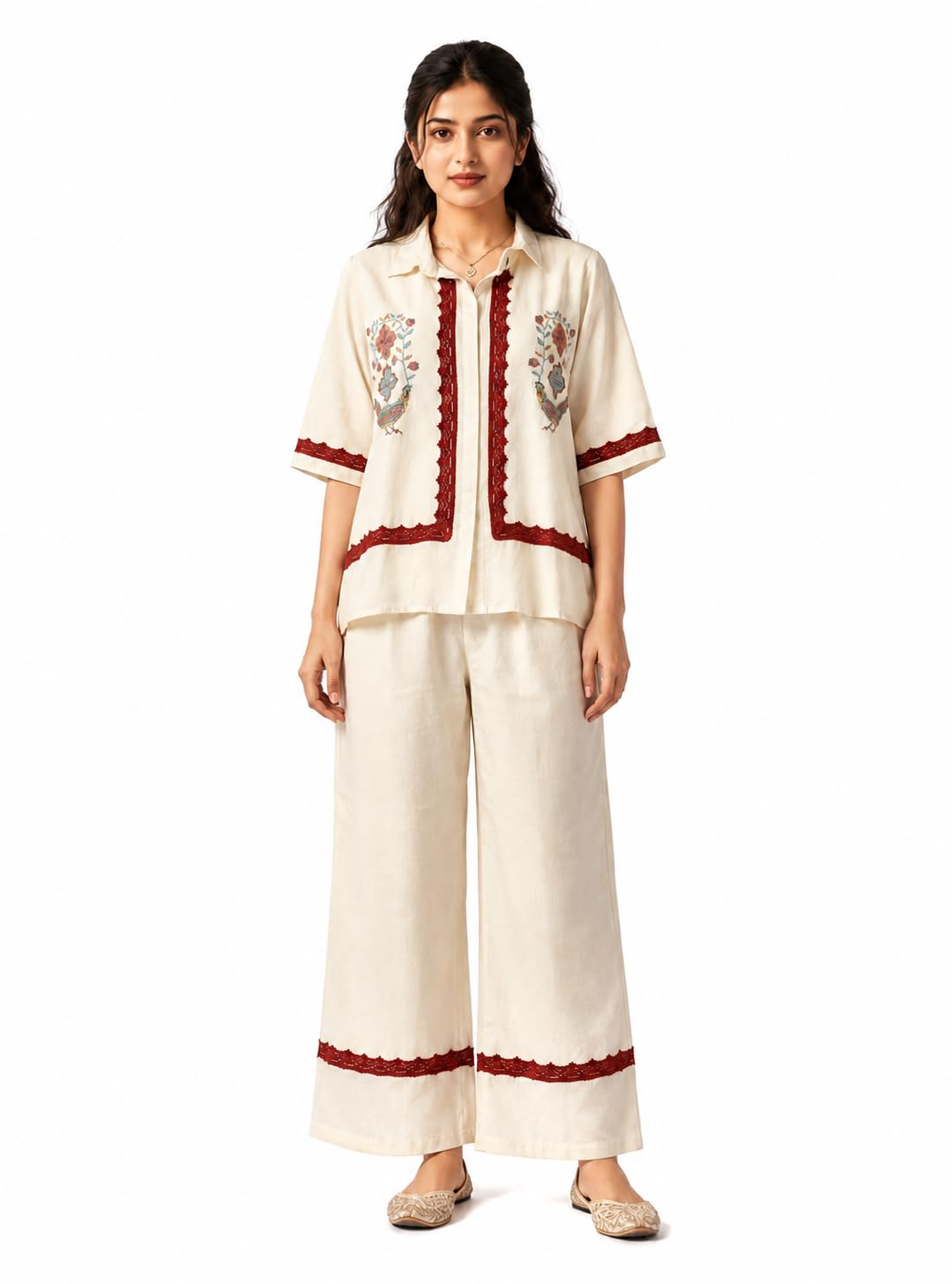 Ivory Linen Off White Linen Blend Embroidered Co-Ord Set-image-39