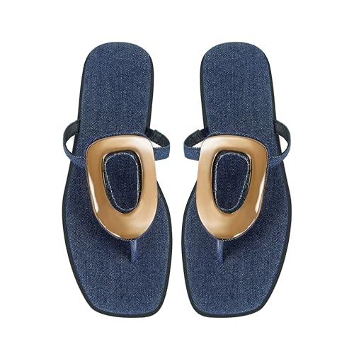 Image of Wnshonzy Flip-Flops for Women Thong Sandals Flat Slip on Slides Beach Comfort Open Square Toe Ladies Slipper Dressy Metal Hardware Decoration Summer Shoes Casual Fashion