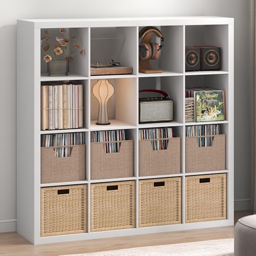 Image of Furinno Cubicle Record Player Stand, 16-Cube Vinyl Record Storage, White | Vinyl Storage, 1.68 inchInch Triple Thick, Open Back Media Shelf for CD DVD Bluray Game Disc, for Living Room, Home Office