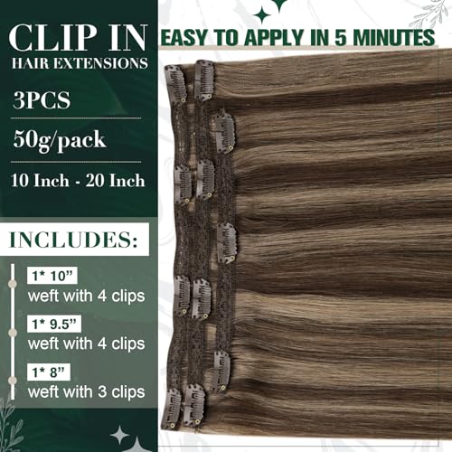 RUNATURE Clip in Hair Extensions Real Human Hair Brown Highlight Honey Blonde Clip in Extensions Remy Clip in Human Hair Extensions Brown Real Hair Clip on Extensions 3PCS 50G 10Inch - Image 3
