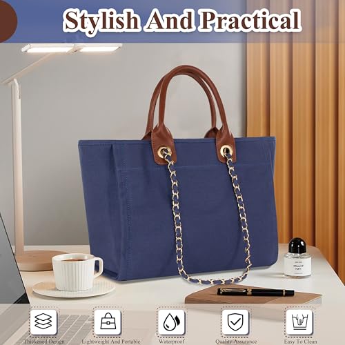 Image of Medium Canvas Tote bag for women Casual Shoulder Work Bag Everything Handbag with Removable Chains