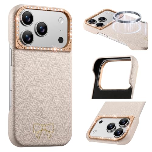 Étui iPhone 17 kaki en cuir magnétique élégant avec protection caméra pailletée chic