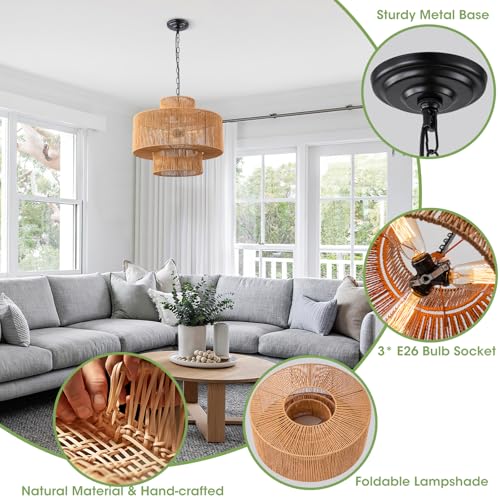 Large Rattan Pendant Light Fixture Dinning Room Chandelier Boho Hanging Light 3-light Chandelier Basket Lamp Shade Hand Woven Pendant Light for Kitchen Island Hallway Bedroom Farmhouse Living Room - Image 6