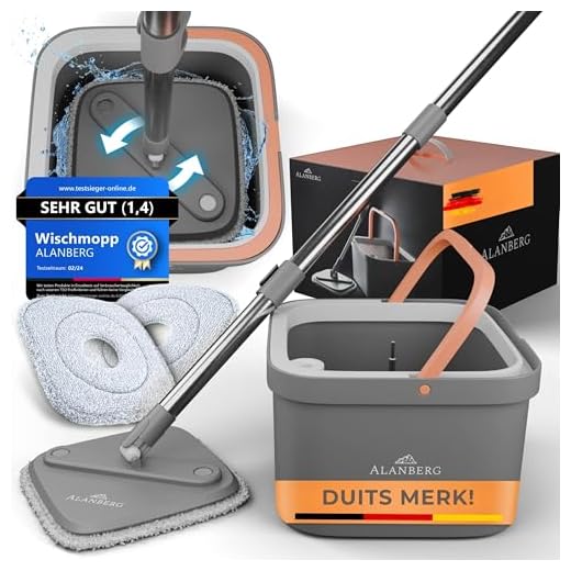 Spinmop Dweilsysteem met Emmer en Wringer – Complete Set incl. Emmer, Steel en 2 Microvezeldoeken – Zelfreinigende Mop voor alle vloertypen – Nat & Droog Gebruik, Grijs – ALANBERG®