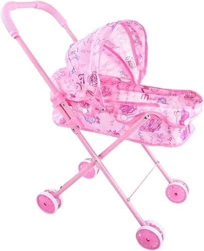HADWAO 人形ベビーカー ミニトロリー お世話練習 ままごとおもちゃ 折り畳み式 プッシュカート キュート - ピンク