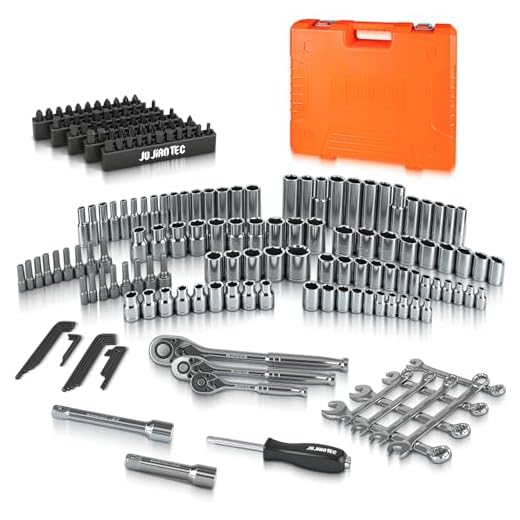 JU JIAN TEC 201-Piece Mechanics Tools Set, SAE & Metric Impact Socket Set, 1/2'', 1/4'', 3/8'' Drive, with Ratchet Wrench & Extension, Premium CRV Alloy Steel, with Molded Case