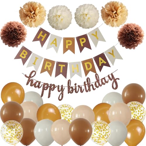 Happy Birthday Braun Beige Geburtstag Party Deko Set Geburtstag Girlande Ballons Braun Beige Ballons 6 Pompoms Geburtstagsdeko Mann