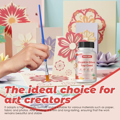 WEILAOK Serviettentechnik Kleber, Serviettenkleber für Serviettentechnik, Decoupage Kleber, Serviettenkleber Transparent Wasserfest für Holz, Keramik, Stein und Karton, 250ML