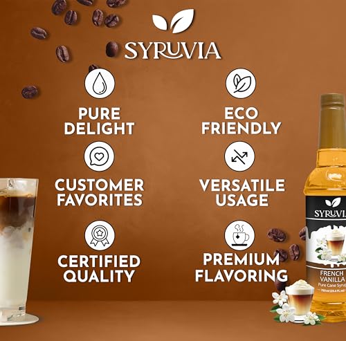 Syruvia French Vanilla and Salted Caramel Syrup for Coffee - 25.4 fl oz. Premium Coffee Flavoring Syrup. Kosher, and Gluten-Free. Perfect for enhancing drinks, sodas, shakes, desserts, and more. - image 7