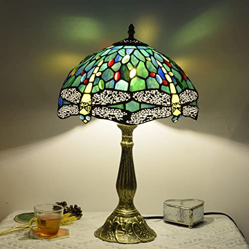 Blivuself Tiffany Lamp Stained Glass Lamp Dragonfly Green Bedroom Table Lamp Reading Desk Light For Bedside Living Room Office Dormitory Dining Room Decorate Gift 12X12X18 Include Light Bulb #TOP4