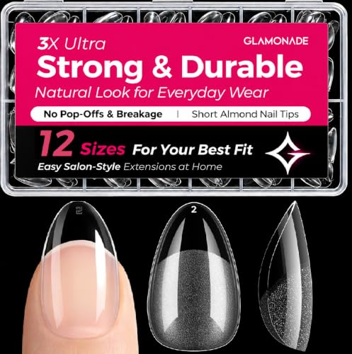 Glamonade Short Gel Nails Kit: 312pcs Almond Clear Press on Nail Tips - Professional Acrylic Nail Extensions Full Cover Pre-Shaped Fake Nails for Salon DIY at Home with 12 Sizes