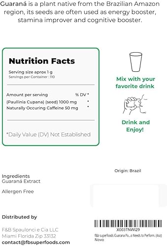 Miniatura 5 de f&b superfoods Polvo de guaraná potenciador de bebida energética para bebidas y batidos (4 onzas), a base de hierbas de Tienda, antes del