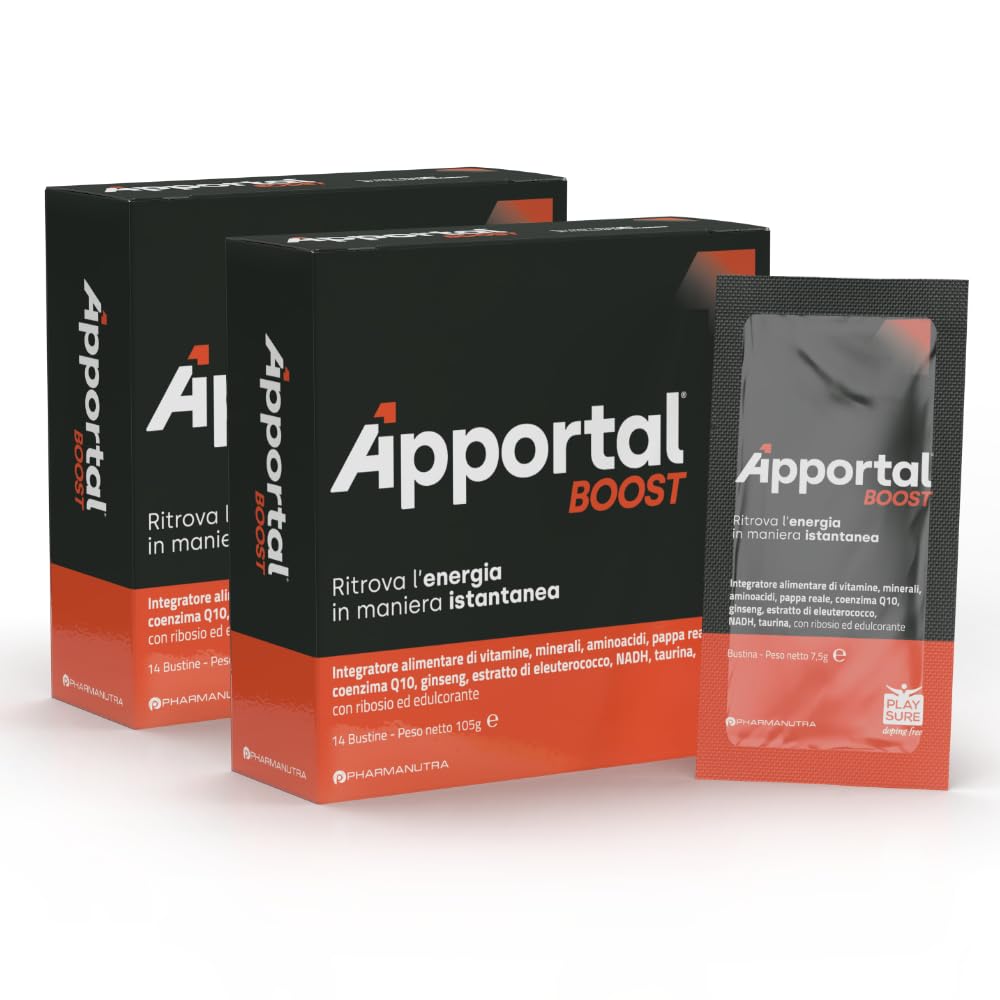 Apportal Boost, Integratore alimentare con Taurina, Ginseng e Vitamina B12, Sostegno mirato al benessere di mente e corpo nei periodi di maggiore impegno, Senza caffeina, 14+14 bustine