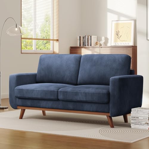 Image of Vesgantti 68 inch Loveseat Sofa Dark Blue, Comfy Corduroy Couch with Spring Cushion and Solid Wood, Modern Extra Deep Seat for Bedroom, Living Room, Office