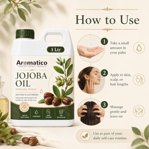 Image of AROMATICO Jojoba Oil for Skin, Hair and Body Care, Multipurpose Carrier Oil for Massage, Scalp Care, Dry Skin Routine, Natural Glow - 1000 ml