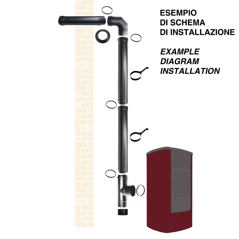 Tubos del Kit estufa de pellets 80 mm. tubo de acero negro esmaltado resistente 600 ° CE Hecho en Italia chimenea porcelana.