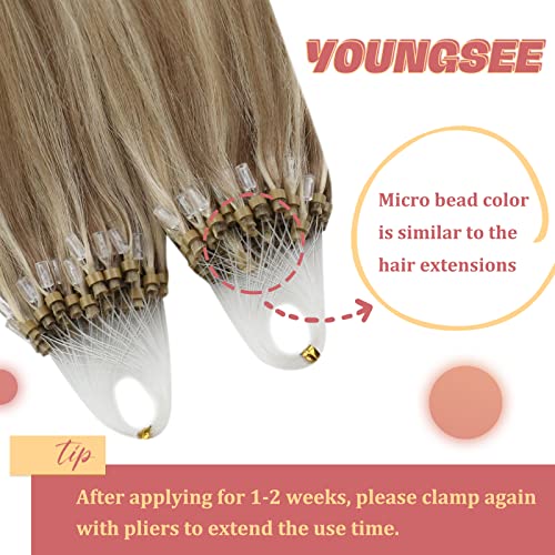 YoungSee Micro Ring Hair Extensions Brown 16inch Micro Bead Hair Extensions Light Brown with Blonde Highlight Micro Loop Human Hair Extensions for Long Lasting Cold Fusion 50g Silky 50s - Image 3