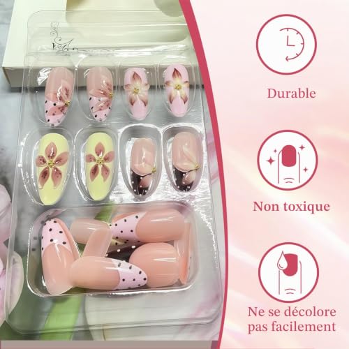 Zosutetoxo Falsenails, Ongles à Presser Moyen Amande Avec Pointe Française à Pois & Design Fleur 3D, Ongles Autocollants Pour Femmes – vue 3