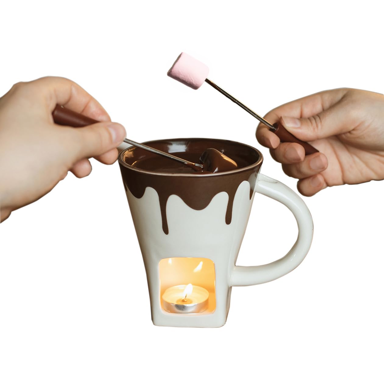 Chocolate Fondue Mug Set with 2 Forks, a Tealight Wax Candle, Made from Porcelain, 200ml Capacity, use with Melted Chocolate or Cheese, Birthday Gift