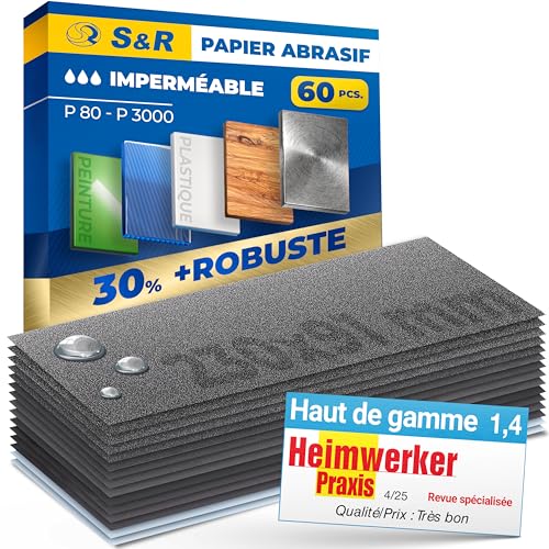 S&R 60 Papier de Poncage Eau Papier a poncer Carrosserie Feuille Abrasive Impermeable Grain: 80/120/150/180/240/320/400/600/800/1000/1200/1500/2000/2500/3000