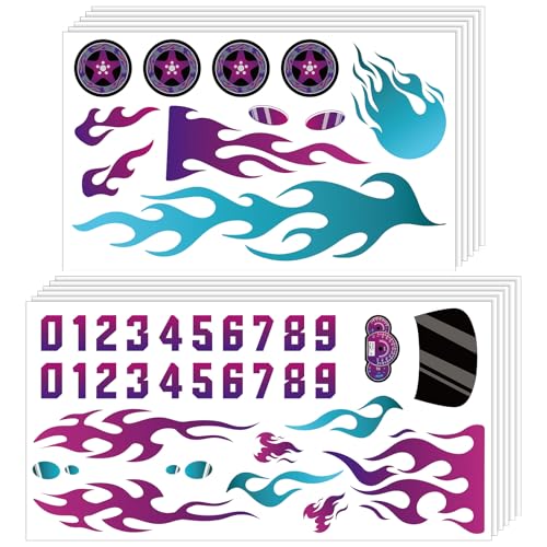MotiMind 6 Pcs Derby Car Sticker Set Purple Flames Theme Racing Stickers Flame Stripes Wheel Decals Serial Numbers Dashboard and Headlights More Decals for Your Derby Car