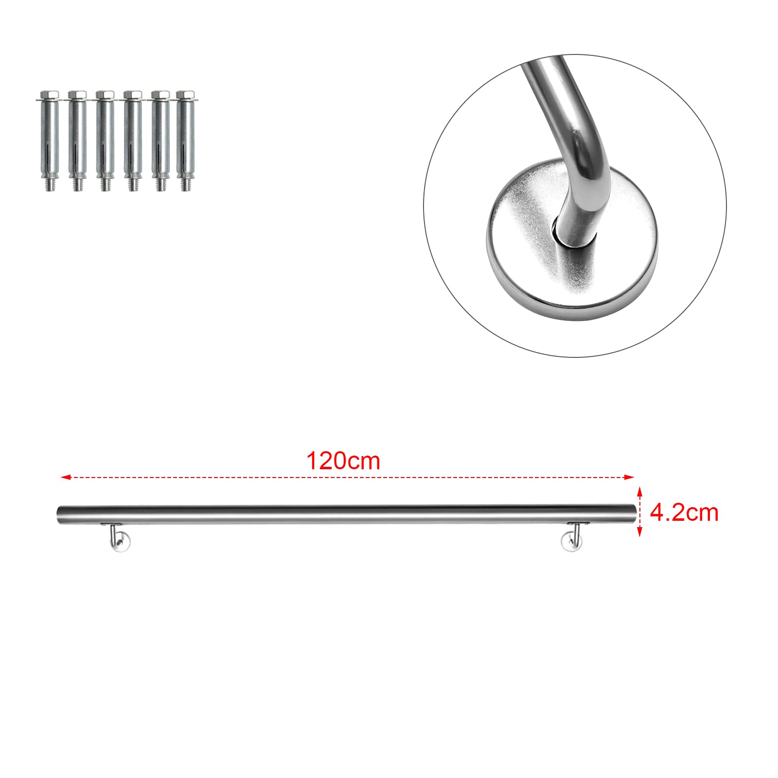 Randaco Pasamanos de acero inoxidable, pasamanos de pared, incluye soporte de pared y tapas finales, para interiores y exteriores, balcones, longitud: 120 cm