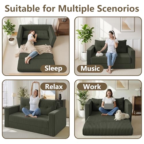 Image of HABUTWAY 49.8 inch Loveseat Boneless Couch, 4-in-1 Convertible Sofa Bed, Plush Fur Folding Futon Sofa Bed Couches with a Pillow for Living Room, High-Density Foam Support, No Assembly Required, Green