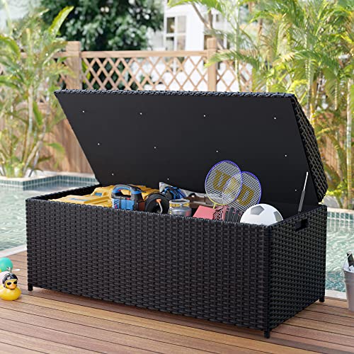 Greesum-65-Gallon-Rattan-Wicker-Deck-Box-Large-Outdoor-Storage-with-Wood-Bench-Surface-and-Dust-Bag-for-Patio-Furniture-Garden-Tools-Pool-Supplies-Weatherproof-and-UV-Resistant-Black Greesum 65 Gallon Rattan Wicker Deck Box Large Outdoor Storage with Wood Bench Surface and Dust Bag for Patio Furniture Garden Tools Pool Supplies Weatherproof and UV Resistant Black