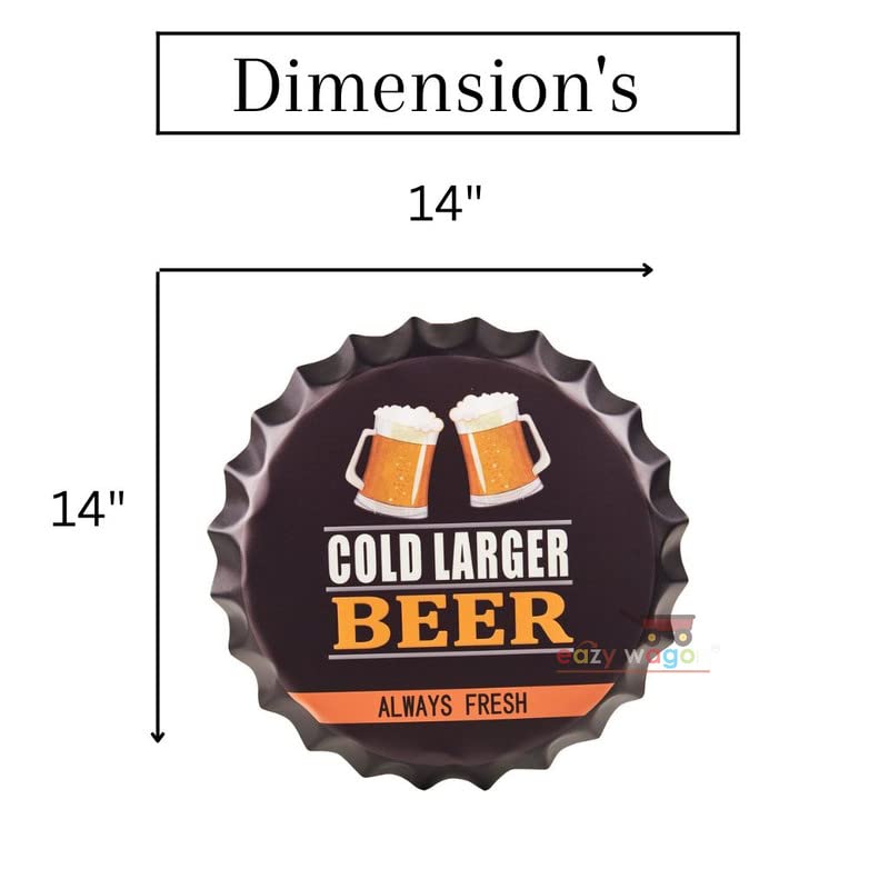 Image of EAZYWAGON Decorative Metal Bottle Caps Wall Sign Plates - 14X14 Inches - Cold Large Beer | Metal Wall Hanging Bottle Cap for Home, Farmhouse, Bar & Cafe Decoration | Vintage & Retro Look Plaques