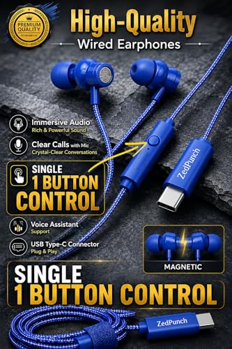 Image of Gaming Type-C Wired Earphone with Mic, 10mm Dynamic Bass Driver, Magnetic in-Ear Headphones, Low Latency Sound for Gaming, 1 Button Control, HD Calling, Voice Assistant, (Blue)