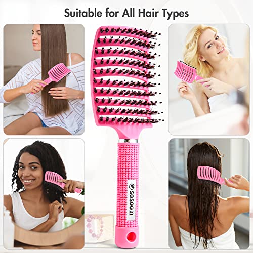 Hair Brush, Sosoon Upgraded Boar Bristle Detangling Brush For Fast Blow Drying, Curved Vented Styling Hairbrushes With Ultra-Soft Bristles For All Hair Types For Men Women Kids Wet & Dry Hair, Pink #TOP5