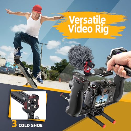 Image of Zeadio Camera Video Rig Cage, Aluminum Filmmaking Movie Making Kit with Top Handle, Arca Type Base, 15mm Rod Guide, RGB Light&Microphone, Compatible with All DSLR Camera and Camcorder