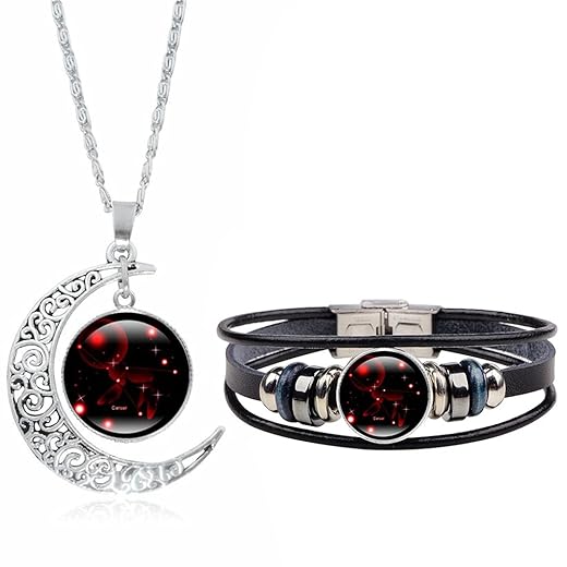 Dcfywl731 Zodiac Necklace Bracelet Set for Women Men 12 Constellation Moon Pendant Necklace Handmade Woven Zodiac Sign Wrap Bracelet Jewelry Gifts for Birthday Christmas
