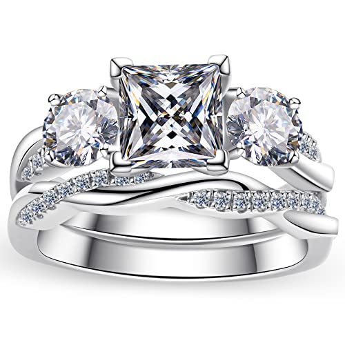 CannyCat 3-Stone Princess Cut Moissanite Wedding Ring Sets for Women Infinity 3.25 carat(ctw) Radiant Moissanite Rings Bridal Set D color Moissanite Anniversary Engagement Ring Set (size-8)