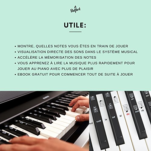 Belfort® Autocollants pour notes de piano + clavier pour 49 | 61 | 76 | 88 touches + Ebook gratuit | kit complet premium pour touches noires + blanches | do-ré-mi-fa-sol-la-si | instructions français