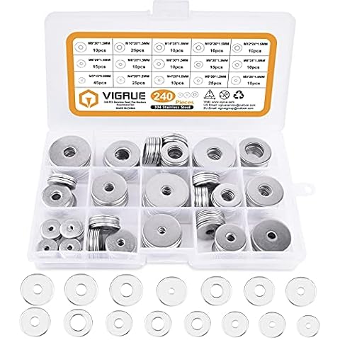 VIGRUE 240 Stück Flache Unterlegscheiben Set, Beilagscheiben Sortiment 7 Größen M3 M4 M5 M6 M8 M10 M12, Sicherungsscheiben Aus 304 Edelstahl in Sortimentskasten Cover