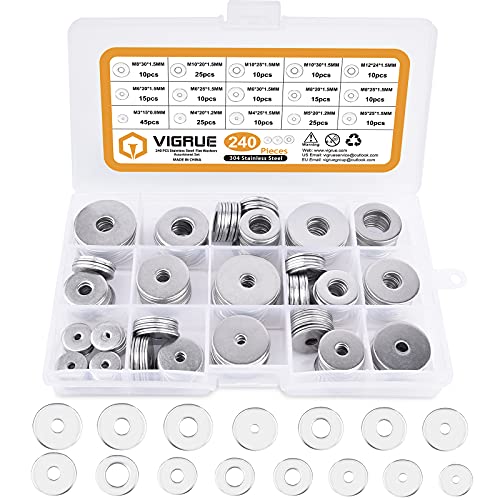 VIGRUE 240 Stück Flache Unterlegscheiben Set, Beilagscheiben Sortiment 7 Größen M3 M4 M5 M6 M8 M10 M12, Sicherungsscheiben Aus 304 Edelstahl in Sortimentskasten