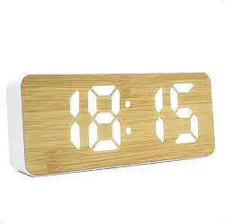 Relógio Despertador Digital de Mesa com Display LED 12/24h – Alarme, Calendário e Design Moderno em Bambu Branco para Quarto, Escritório ou Setup (Branco)