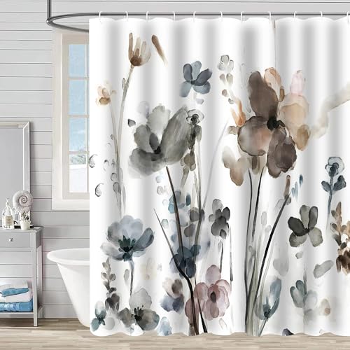Watercolor Flower Shower Curtain for Bathroom, Grey Botanical Floral Shower Curtain with Hooks, Waterproof Polyester Plant Bathroom Curtain 72 X 72 Inches