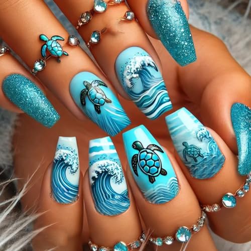 Summer Beach Ocean Press on Nails Blue Fake Nails with