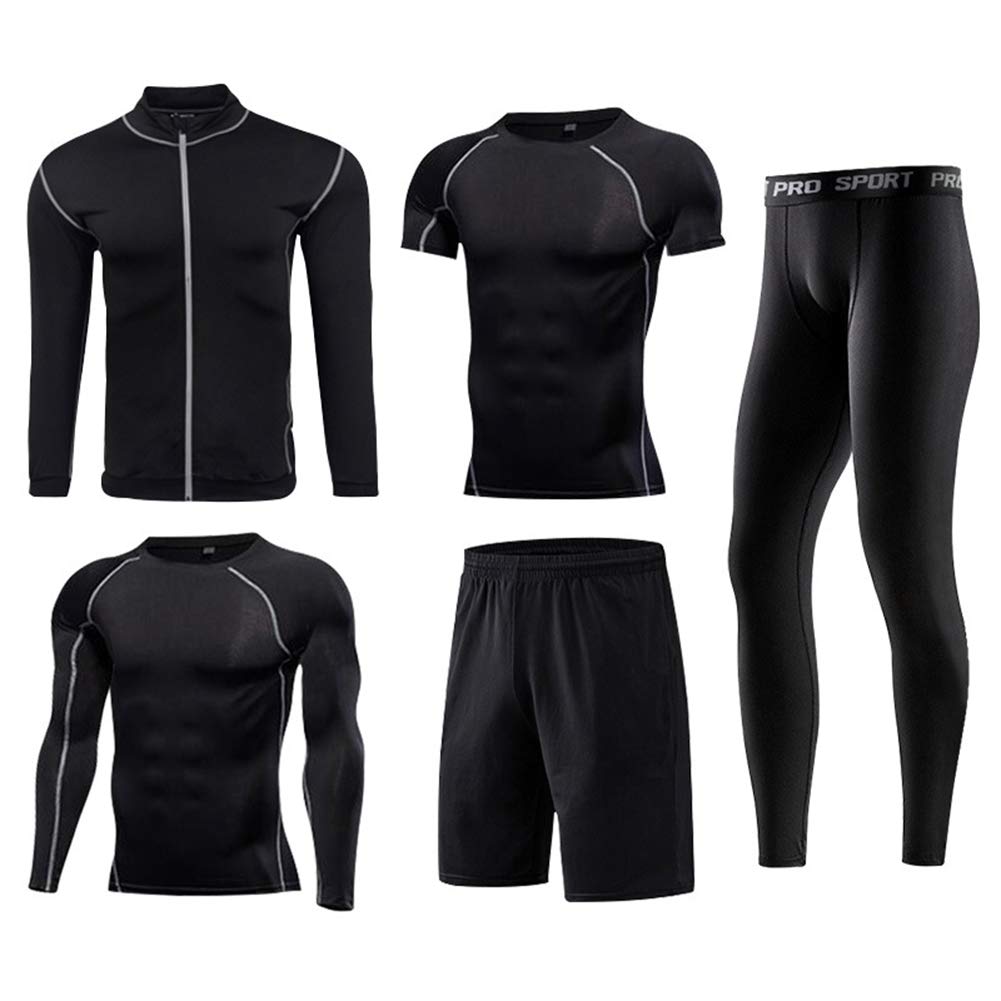 Modne ubrania fitness męskie szybkoschnące ubrania fitness odzież koszykówka odzież sportowa garnitur z krótkim rękawem, ciasne ubrania do biegania, pięcioczęściowy garnitur elegancki, zestaw 1, L