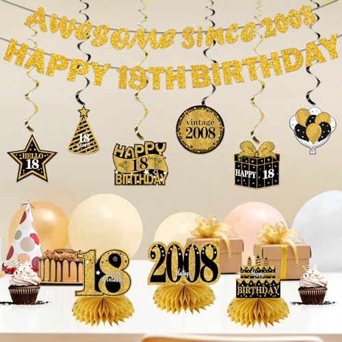Image of Kuxriox 11Pcs 18th Birthday Decorations Kit for Men Women, Black Gold Happy 18th Birthday Banner, Awesome Since 2008 Centerpieces Swirls Party Supplies, Eighteen Bday Banner Ceiling Table Topper Sign