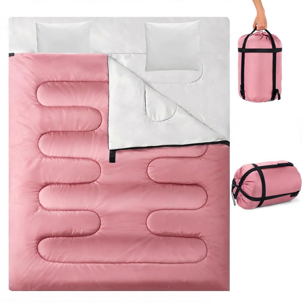 Double Sleeping Bag, Extra Large 3-4 Season Lightweight,Waterproof Indoor & Outdoor Use for Adults & Kids, Premium Sleeping bag for Hiking, Backpacking and Camping (Pink)